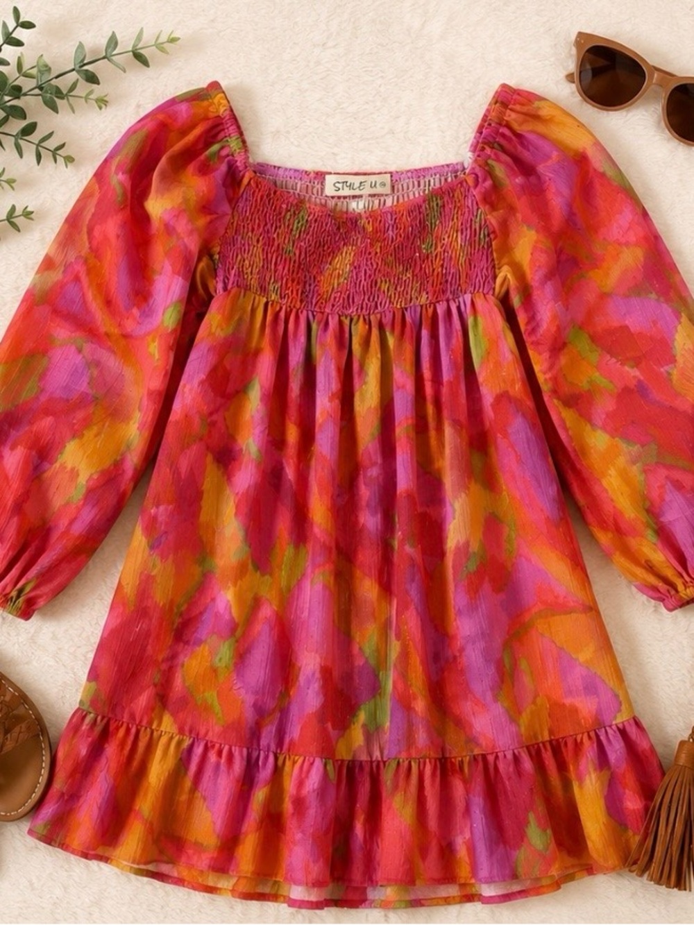 STYLE U Pink Abstract Print Smocked Mini Dress NWT Size Medium